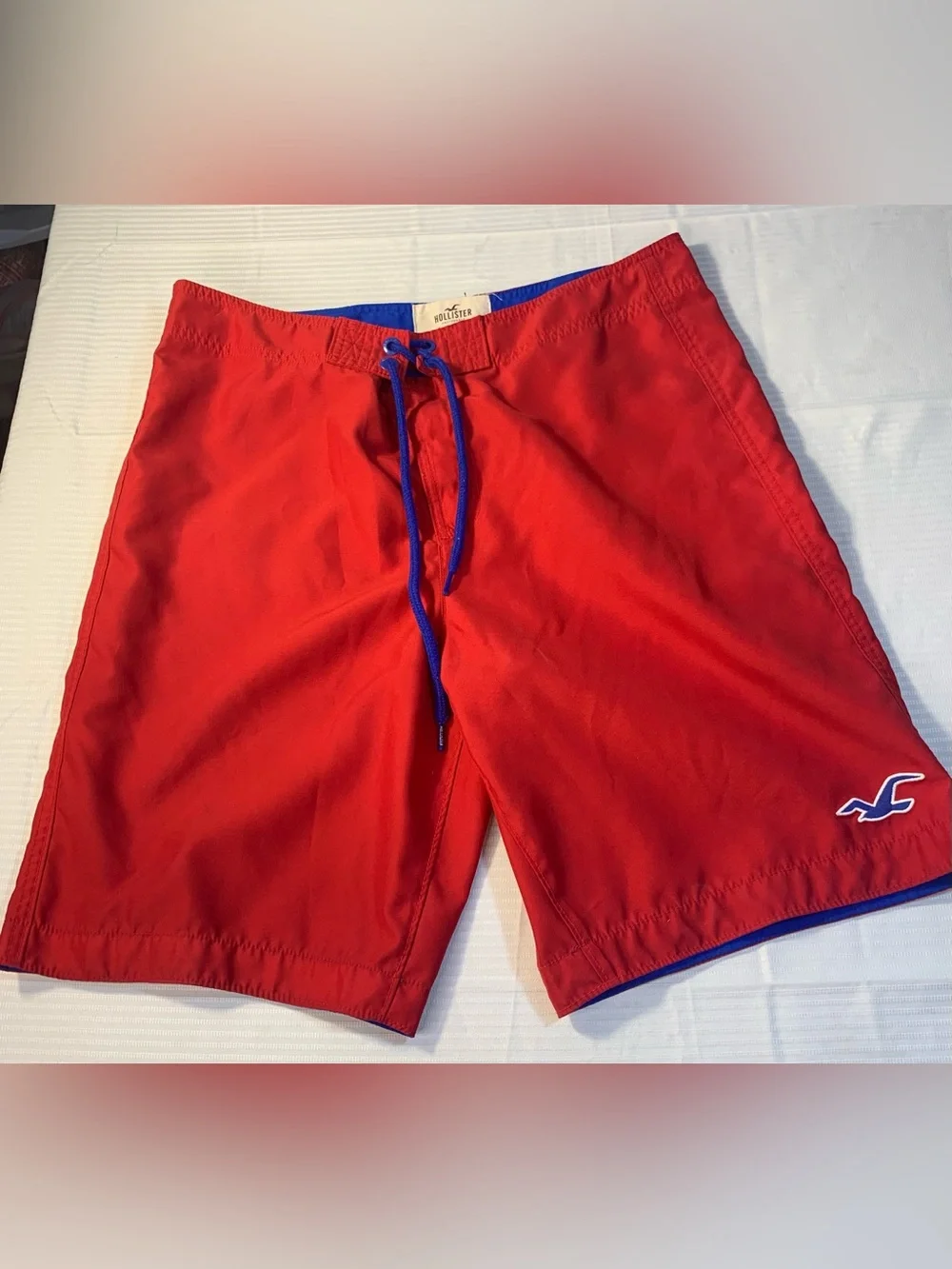 Hollister Men’s Red Swim Trunks with Blue Drawcord and Trim. SZ XL